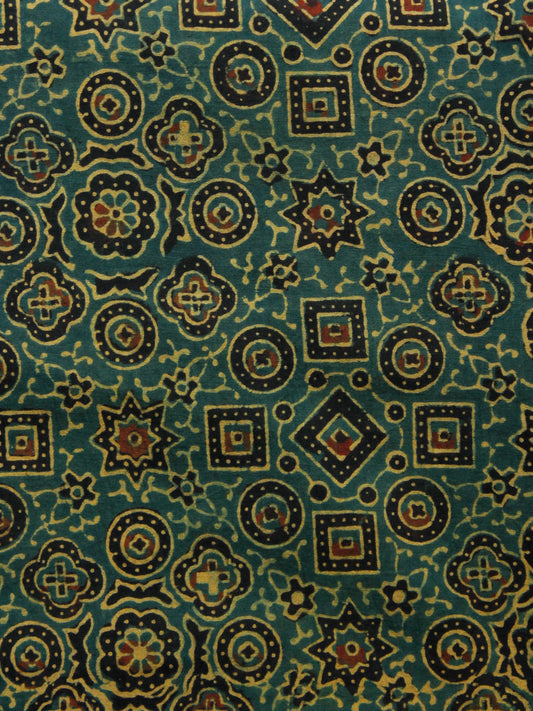 Green Black Mustard Rust Ajrakh Printed Cotton Fabric Per Meter - F003F1520