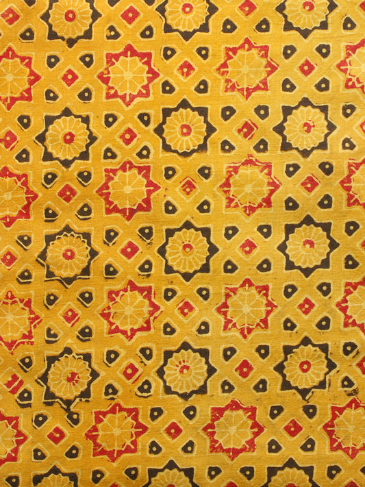 Yellow Black Red Ajrakh Hand Block Printed Cotton Fabric Per Meter - F003F1590