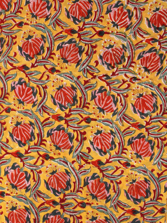 Yellow Red Bottle Green Hand Block Printed Cotton Fabric Per Meter - F001F2357