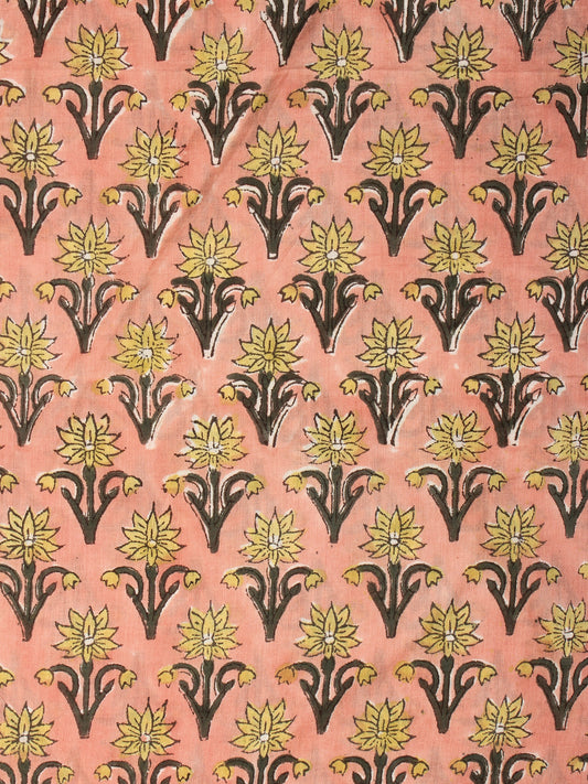 Coral Grey Yellow Hand Block Printed Cotton Fabric Per Meter - F001F2176