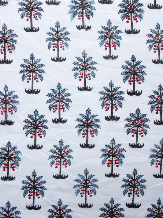 White Grey Red Blue Hand Block Printed Cotton Fabric Per Meter - F001F1496