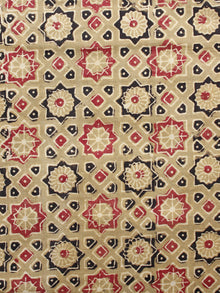 Light Olive Green Black Red Ajrakh Hand Block Printed Cotton Fabric Per Meter - F003F1592