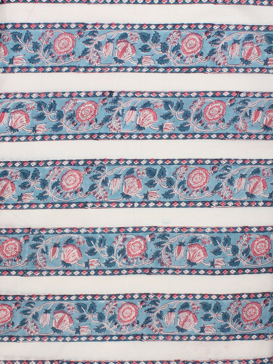 Sky Blue Pink White Hand Block Printed Cotton Fabric Per Meter - F001F2221