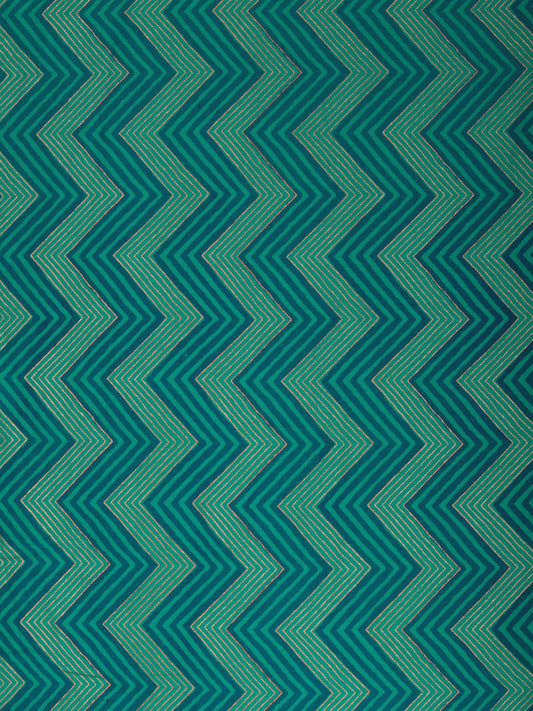 Green Blue Golden Block Printed Cotton Fabric Per Meter - F001F2383