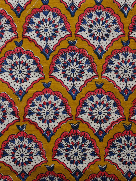 Mustard Indigo White Coral Hand Block Printed Cotton Fabric Per Meter - F001F1349