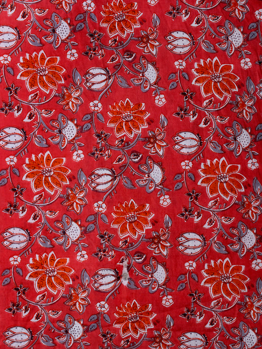 Red Grey White Hand Block Printed Cotton Fabric Per Meter - F001F1991