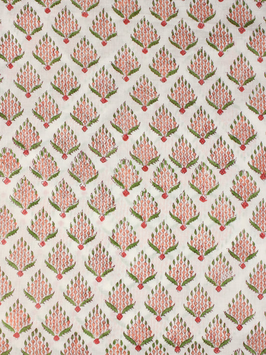 OffWhite Peach Green Hand Block Printed Cotton Fabric Per Meter - F001F2342