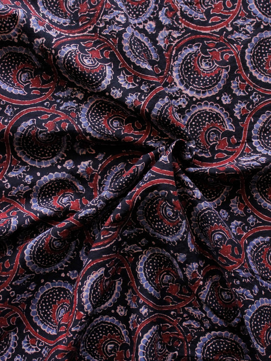 Black Maroon Ivory Blue Ajrakh Hand Block Printed Cotton Blouse Fabric - BPA0107