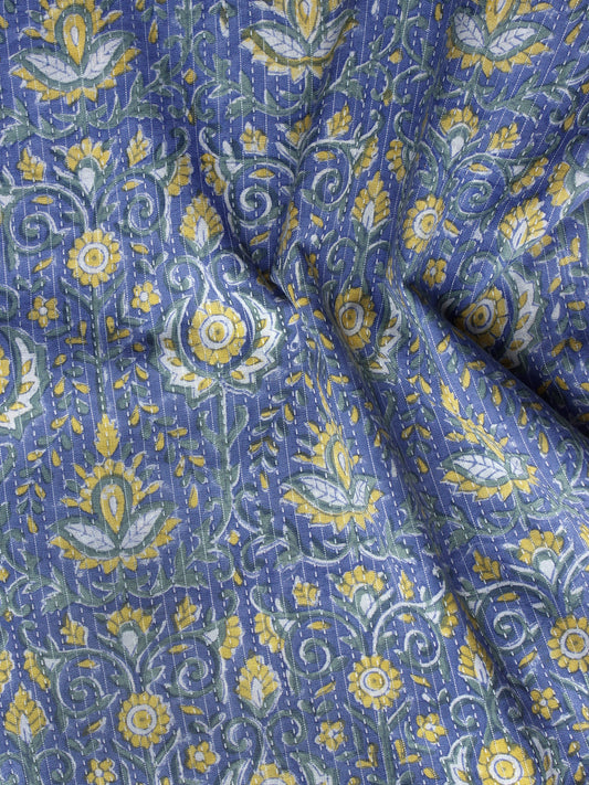 Indigo Yellow Green Kantha Embroidered Hand Block Printed Cotton Fabric - F004K1119