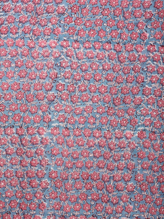 Pink Blue Hand Block Printed Cotton Fabric Per Meter - F001F2222