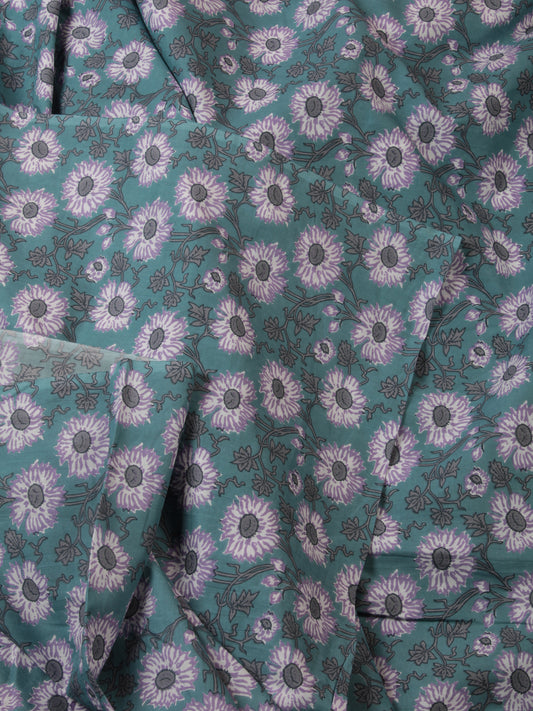 Teal Lilac White Grey Block Printed Cotton Fabric Per Meter - F001F2382