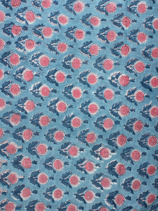 Blue Pink White Hand Block Printed Cotton Fabric Per Meter - F001F2223