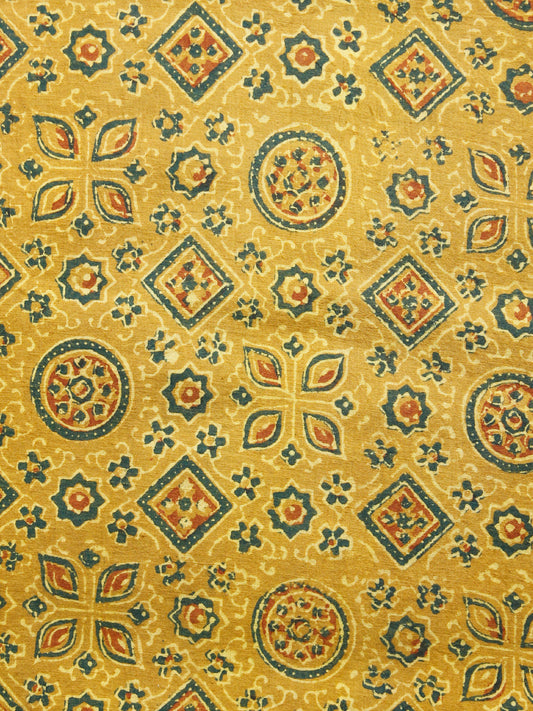 Yellow Green Coral Ajrakh Hand Block Printed Cotton Fabric Per Meter - F003F1524