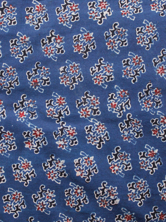 Indigo Black Rust Ivory Ajrakh Hand Block Printed Cotton Fabric Per Meter - F003F1595