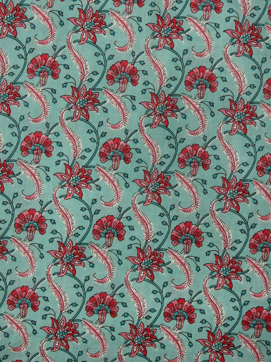 Light Green Red Pink Hand Block Printed Cotton Fabric Per Meter - F001F2013