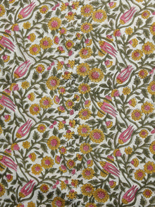 Ivory Green Mustard Pink Hand Block Printed Cotton Fabric Per Meter - F001F1068