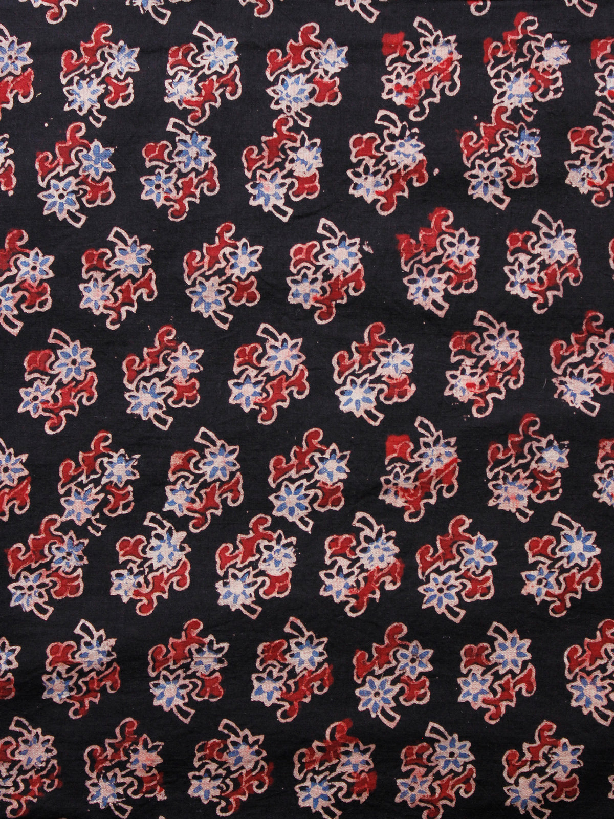 Black Ivory Red Blue Ajrakh Hand Block Printed Cotton Fabric Per Meter - F003F1596