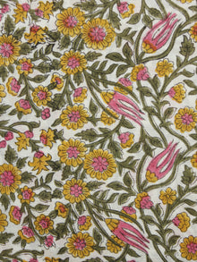 Ivory Green Mustard Pink Hand Block Printed Cotton Fabric Per Meter - F001F1068