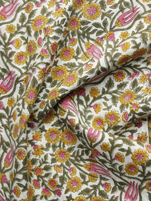 Ivory Green Mustard Pink Hand Block Printed Cotton Fabric Per Meter - F001F1068