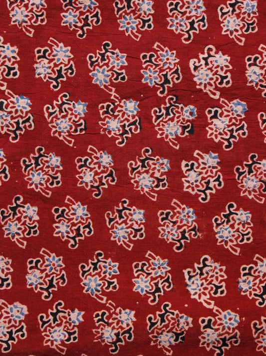 Cherry Red Black Blue Ajrakh Hand Block Printed Cotton Fabric Per Meter - F003F1597