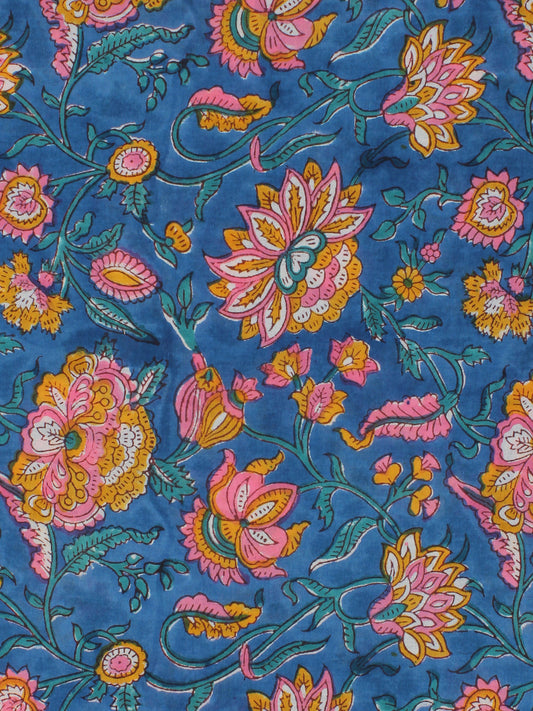 Blue Pink Yellow Hand Block Printed Cotton Fabric Per Meter - F001F2281