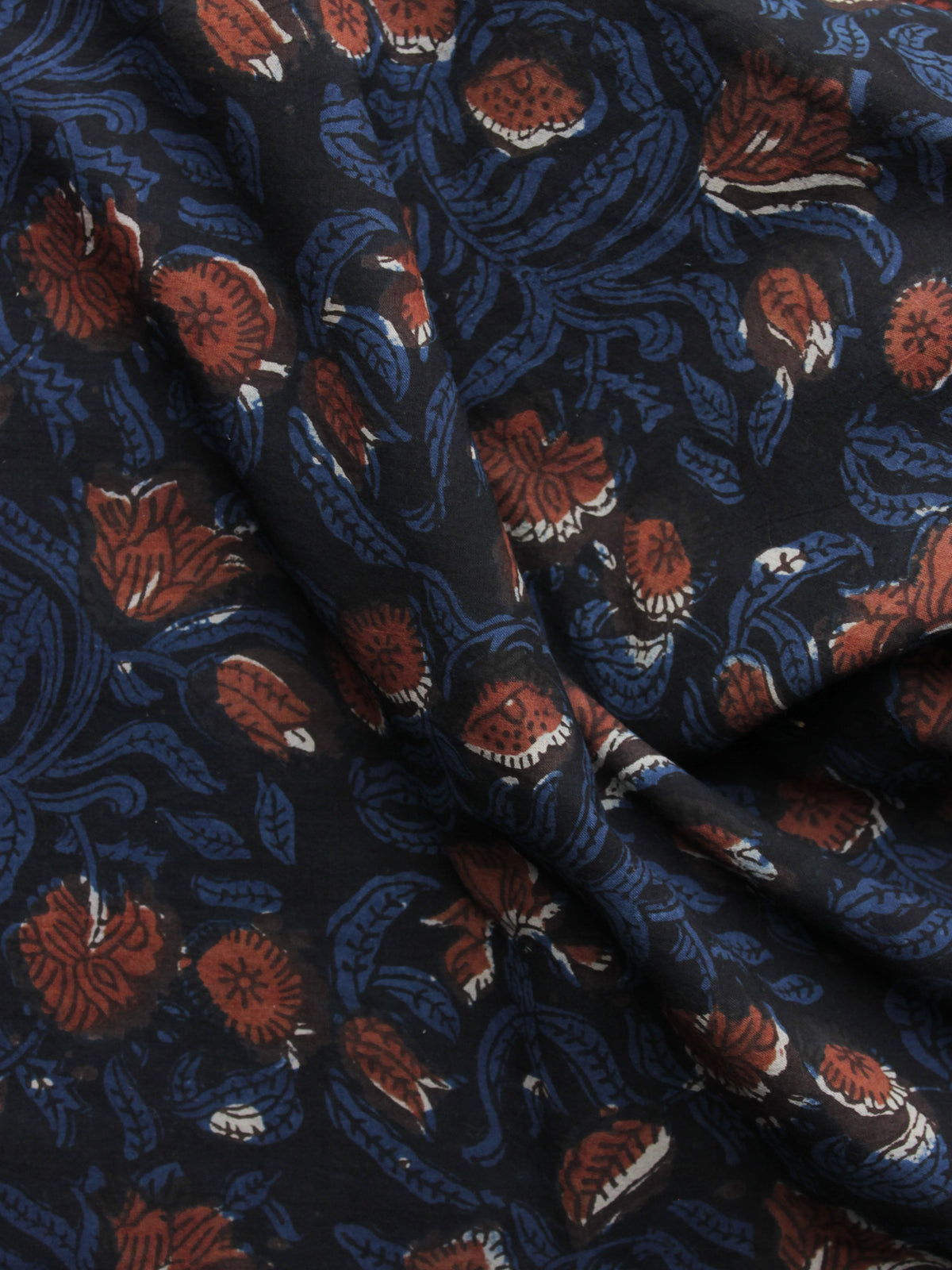 Indigo Black Rust Hand Block Printed Cotton Fabric Per Meter - F001F1138