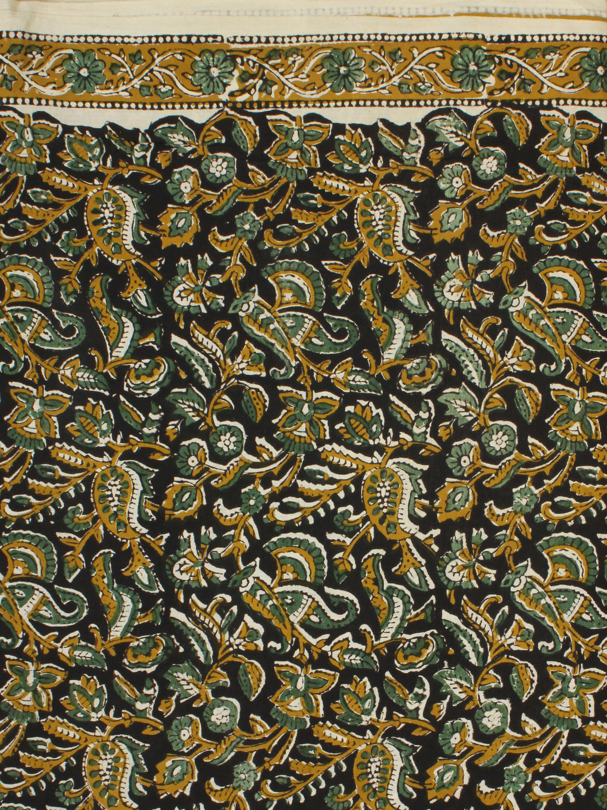 Black Mustard Green Hand Block Printed Cotton Fabric Per Meter - F001F2262