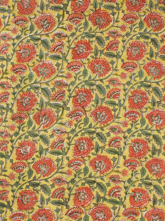 Yellow Green Coral Hand Block Printed Cotton Fabric Per Meter - F001F2317