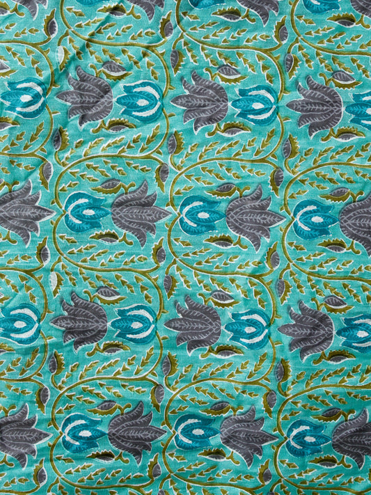 Green light green Hand Block Printed Cotton Fabric Per Meter - F001F1896