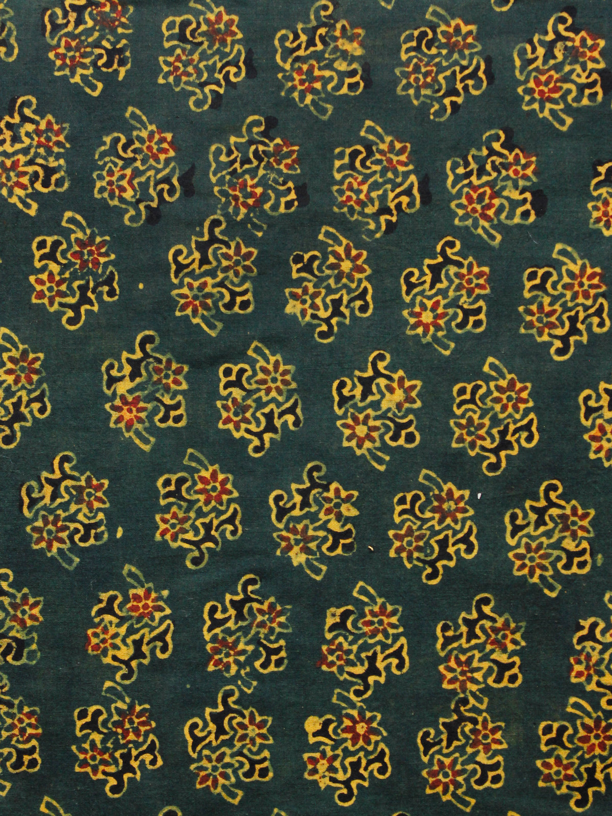 Green Mustard Black Red Ajrakh Hand Block Printed Cotton Fabric Per Meter - F003F1598