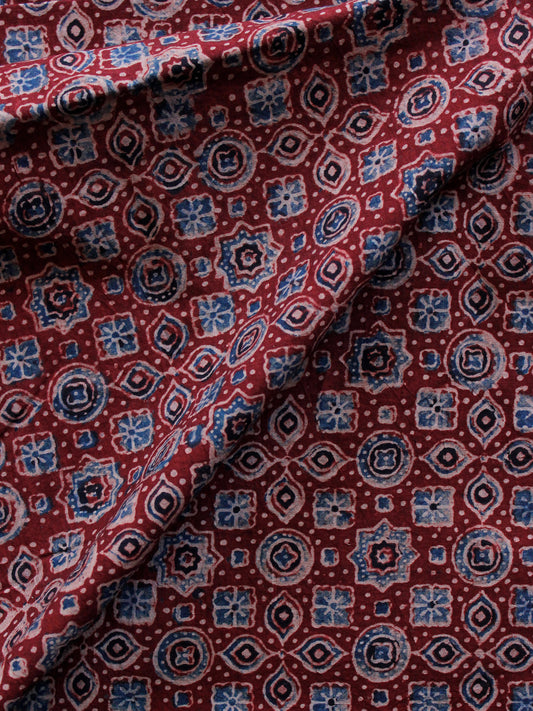 Red Peach Blue Black Ajrakh Hand Block Printed Cotton Blouse Fabric - BPA0130