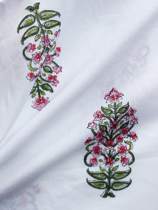 White Pink Red Green Hand Block Printed Cotton Fabric Per Meter - F001F1502