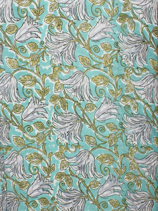 Green Grey White Hand Block Printed Cotton Fabric Per Meter - F001F2227