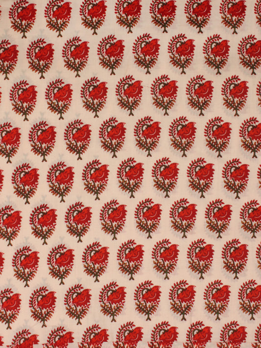 Ivory Red Green Hand Block Printed Cotton Fabric Per Meter - F001F2017