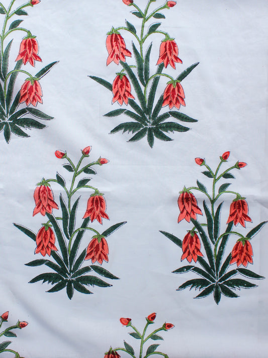 White Peach Green Hand Block Printed Cotton Fabric Per Meter - F001F1504