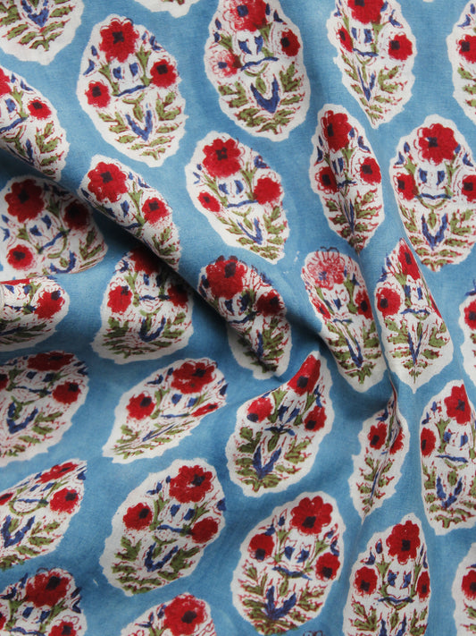 Blue Red Green Hand Block Printed Cotton Fabric Per Meter - F001F1072