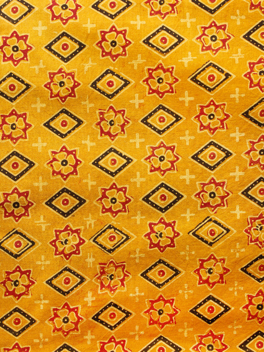 Mustard Black Red Ajrakh Hand Block Printed Cotton Fabric Per Meter - F003F1601