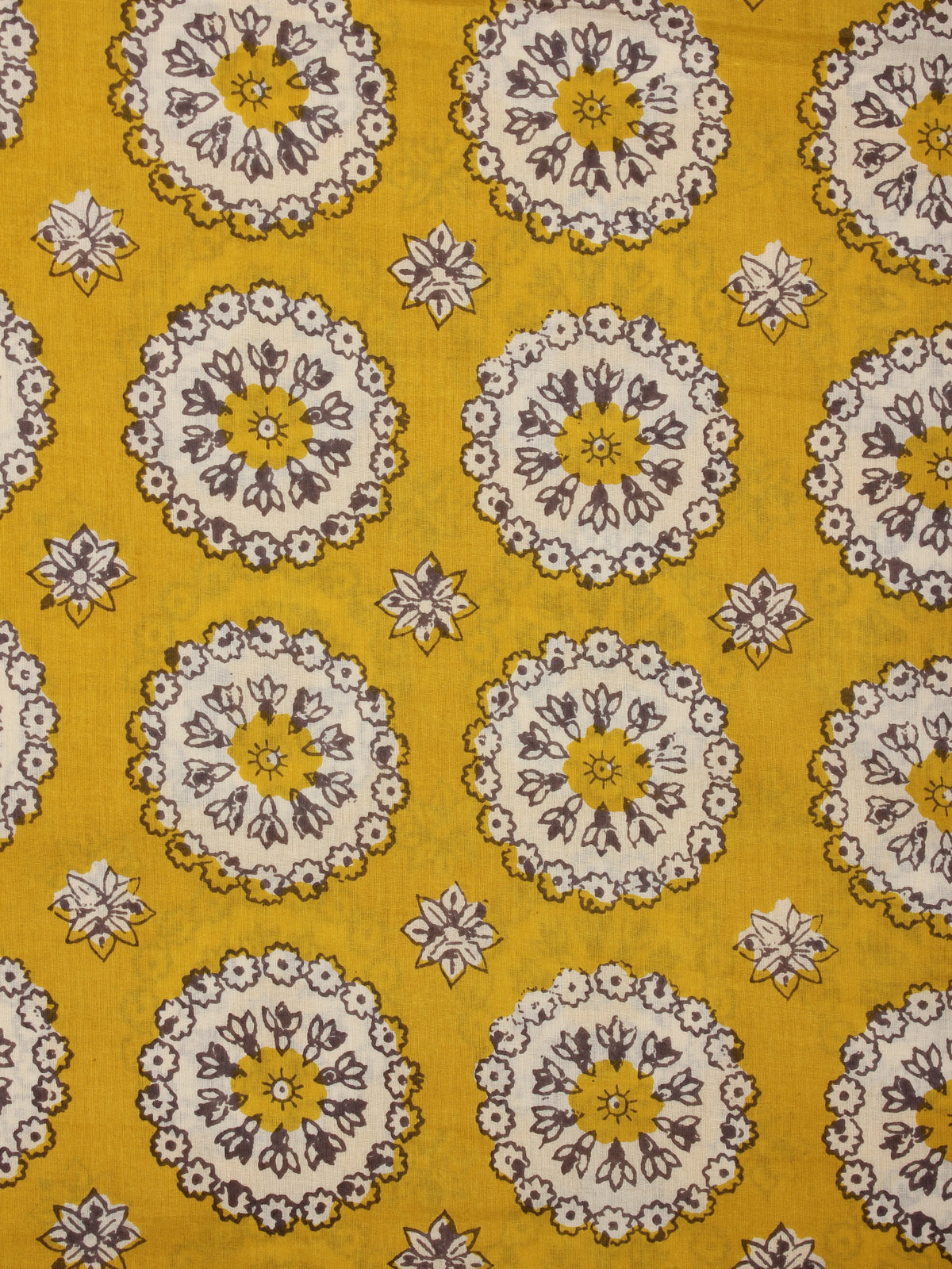 Mustard Ivory Brown Hand Block Printed Cotton Fabric Per Meter - F001F2018