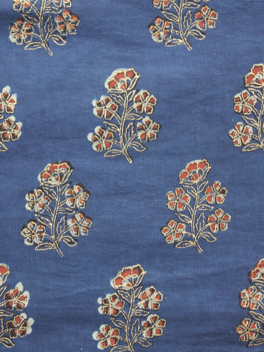 Indigo Ivory Rust Gold Painted Hand Block Printed Cotton Fabric Per Meter - F001F907