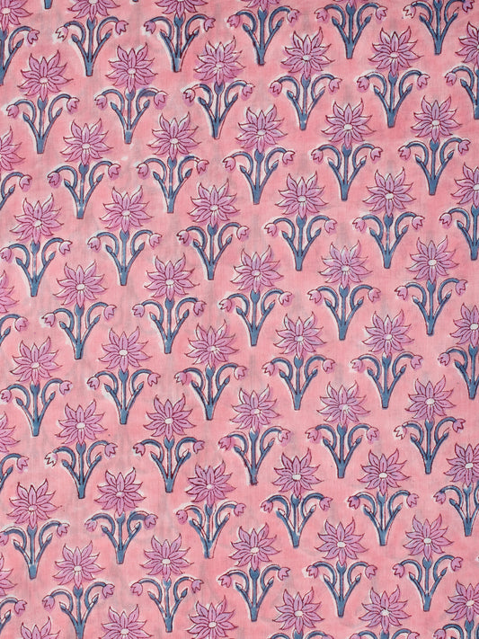 Pink Peach Grey Hand Block Printed Cotton Fabric Per Meter - F001F2231