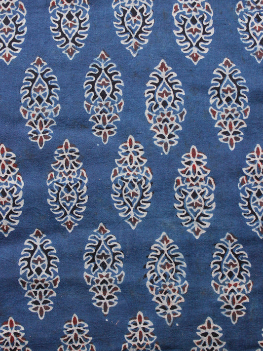 Indigo Black Ivory Rust Ajrakh Hand Block Printed Cotton Fabric Per Meter - F003F1604