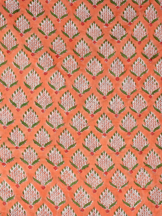 Peach Green OffWhite Hand Block Printed Cotton Fabric Per Meter - F001F2341