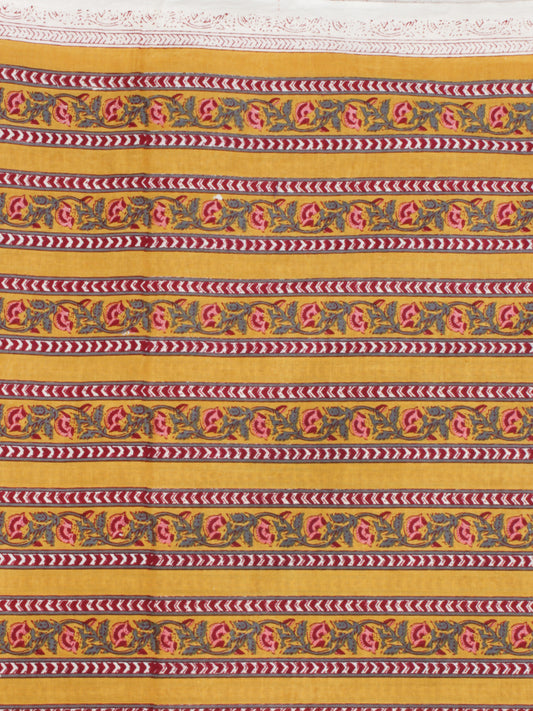 Mustard Green  Pink Hand Block Printed Cotton Fabric Per Meter - F001F2055