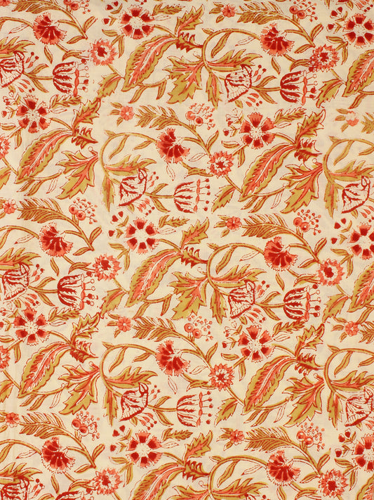 Off White Green Coral Hand Block Printed Cotton Fabric Per Meter - F001F2296