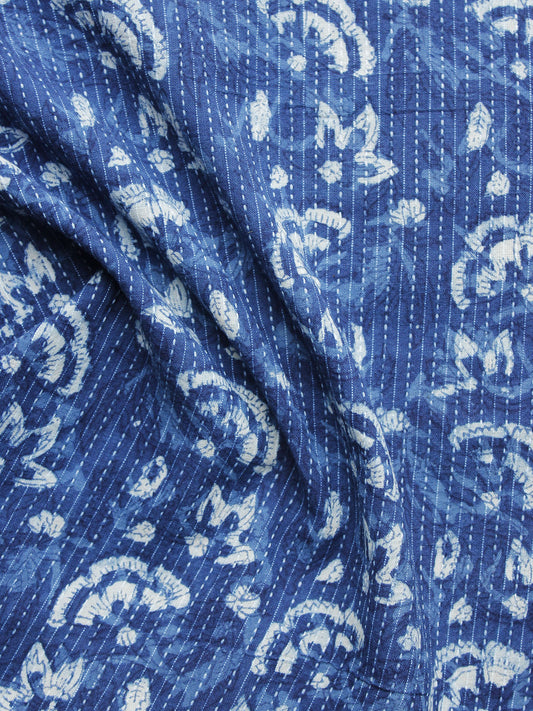 Indigo Ivory Kantha Embroidered Hand Block Printed Cotton Fabric - F004K1120