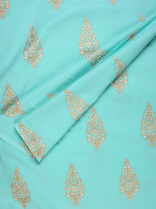 Sea Green White Golden Hand Block Printed Cotton Fabric Per Meter - F001F2284