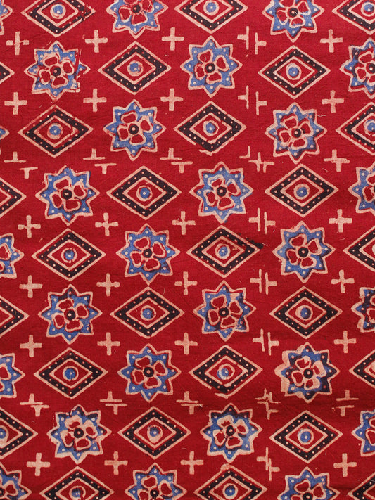 Red Blue Black Ivory Ajrakh Hand Block Printed Cotton Fabric Per Meter - F003F1603