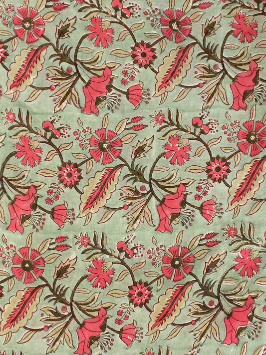 Green Pink Hand Block Printed Cotton Fabric Per Meter - F001F2187