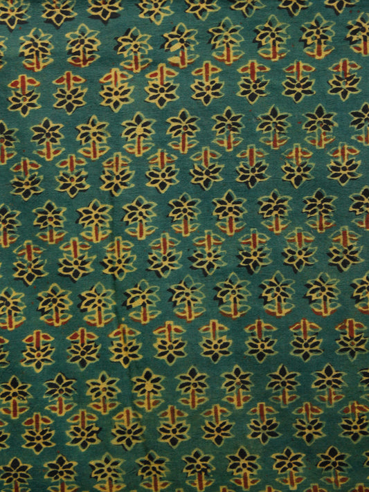 Green Mustard Black Red Ajrakh Hand Block Printed Cotton Fabric Per Meter - F003F1534