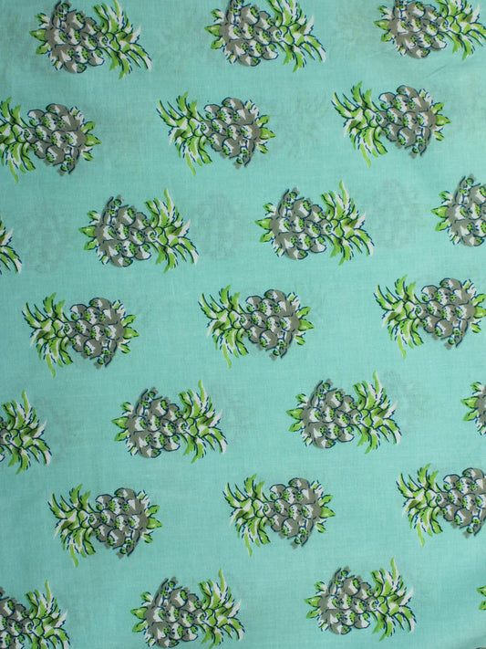 Light Green Block Printed Cotton Fabric Per Meter - F001F2153